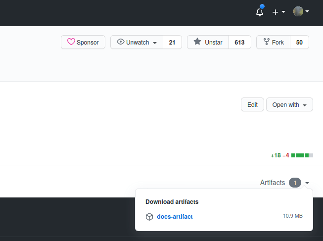 GitHub build artifacts dropdown menu