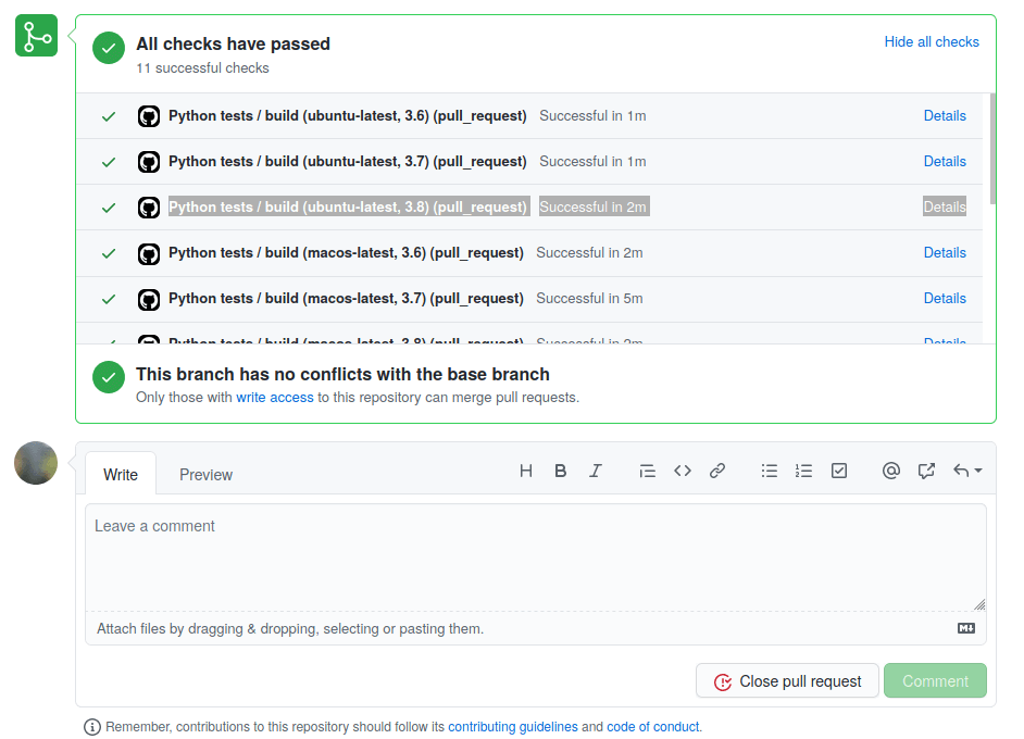 GitHub checks dropdown menu